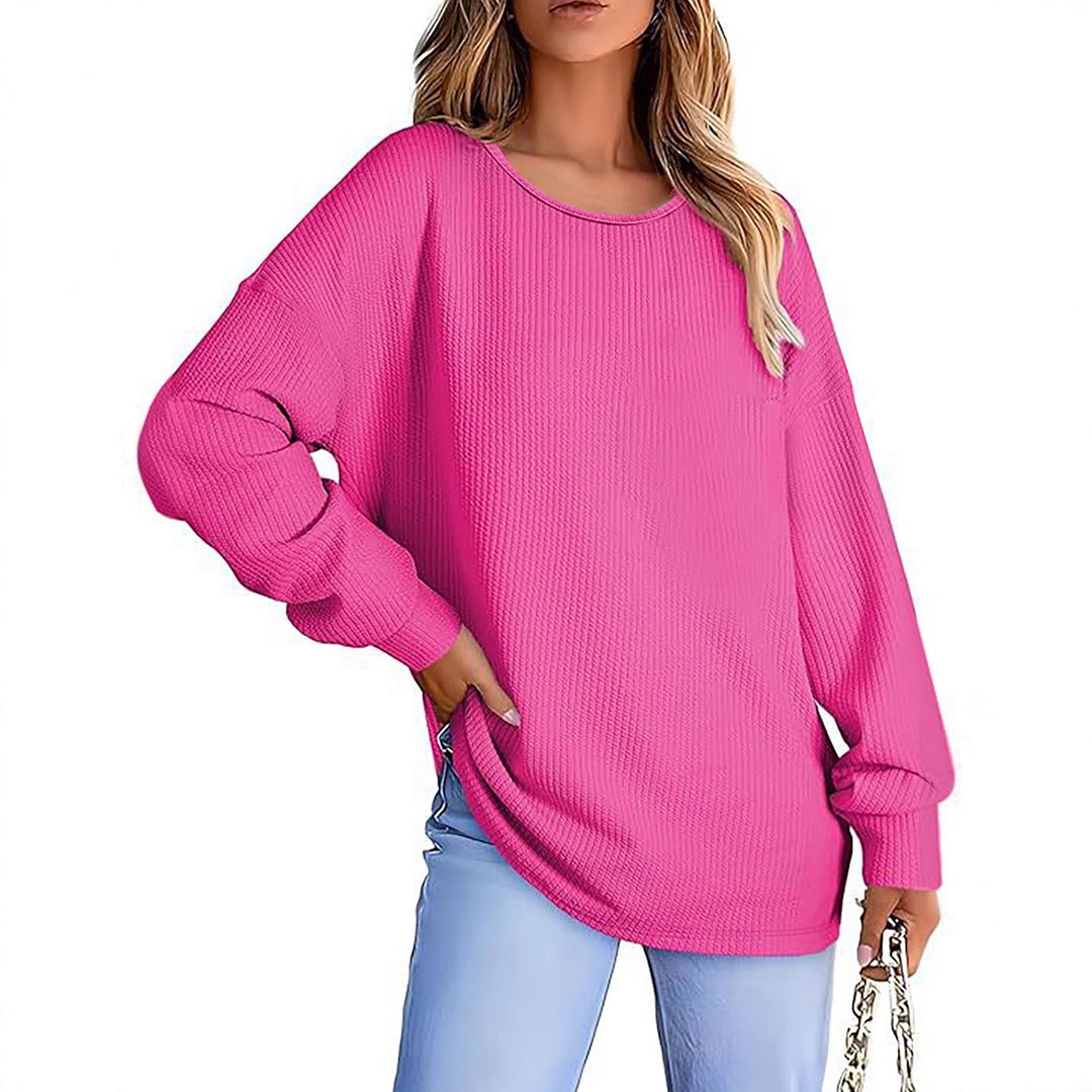 Women's Oversize Waffle Knit Sweater with Round Neck, Balloon Sleeves, and Extended Hem Mune Fashion