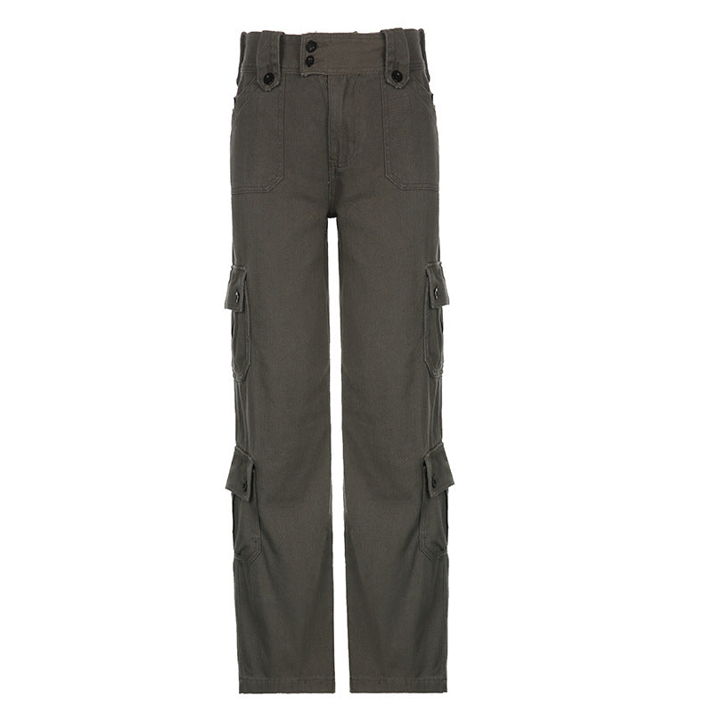 Women's high waist cargo pants with straight leg, multiple flap pockets and prominent button details Mune Fashion