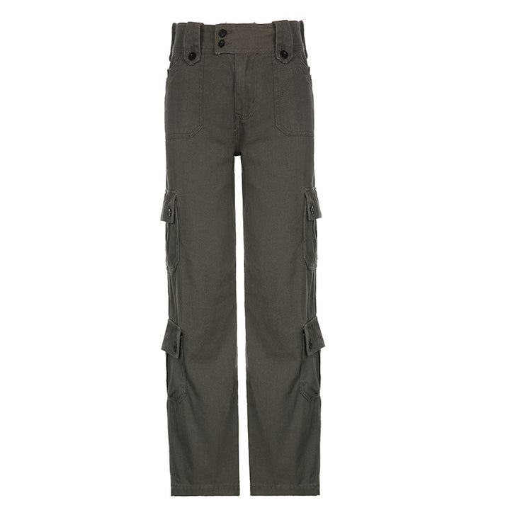 Women's high waist cargo pants with straight leg, multiple flap pockets and prominent button details Mune Fashion