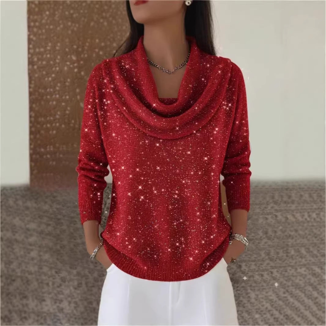 Women's Glittering Knit Sweater with Waterfall Neckline Mune Fashion
