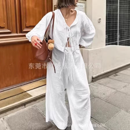 Women's Lightweight Crinkle Two-Piece with Tied Top and Wide Palazzo Pants Cut Mune Fashion