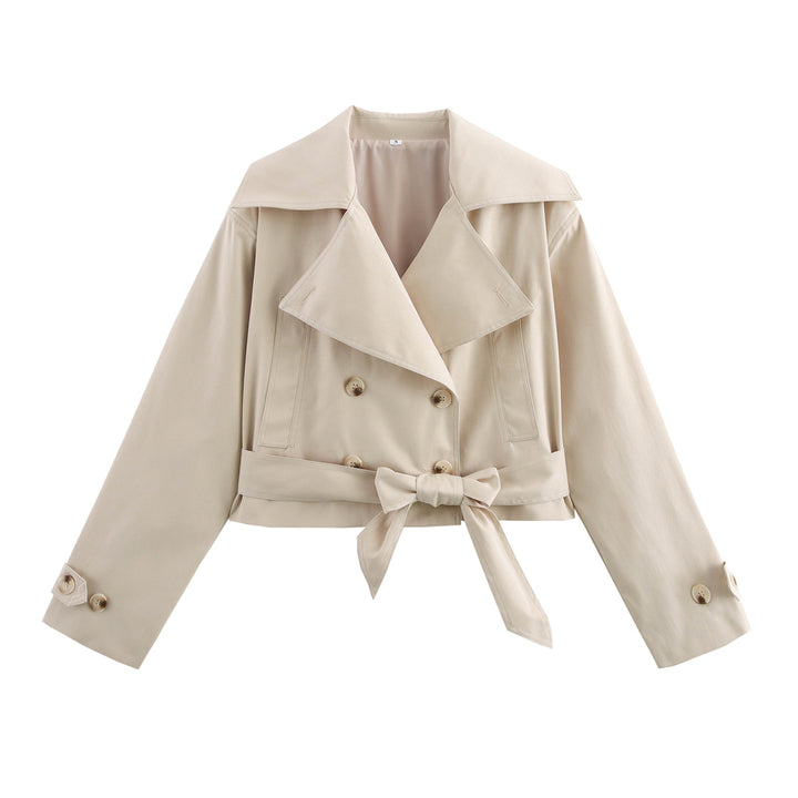 Women Cropped Trench Coat with Wide Lapels, Waist Belt and Double Button Row Mune Fashion