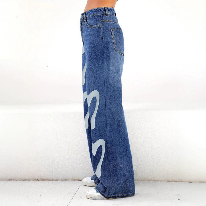 Ladies High-Waist Wide-Leg Jeans with large heart print Mune Fashion