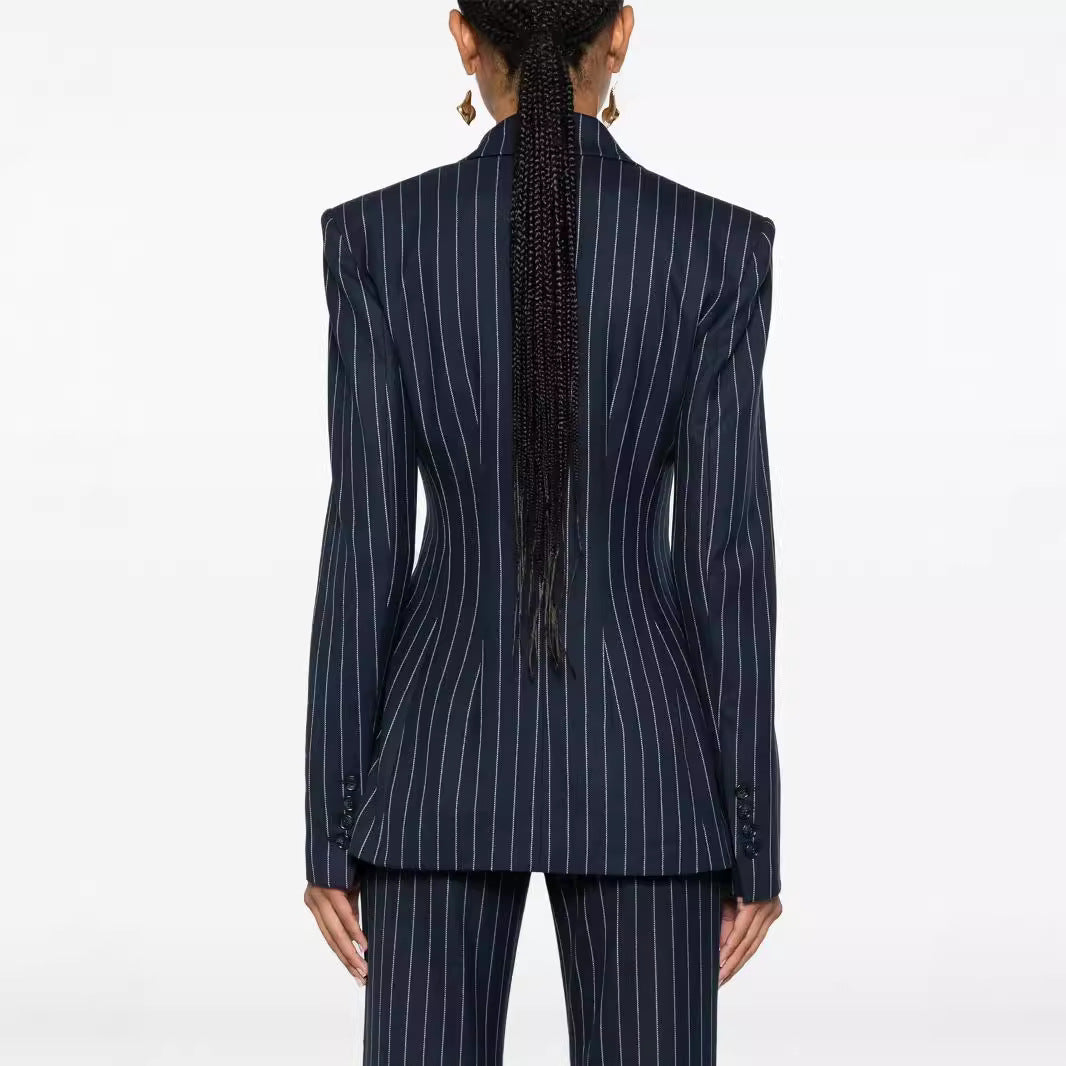 Women's Pinstripe Double-Breasted Blazer with High-Waist Flared Pants Mune Fashion