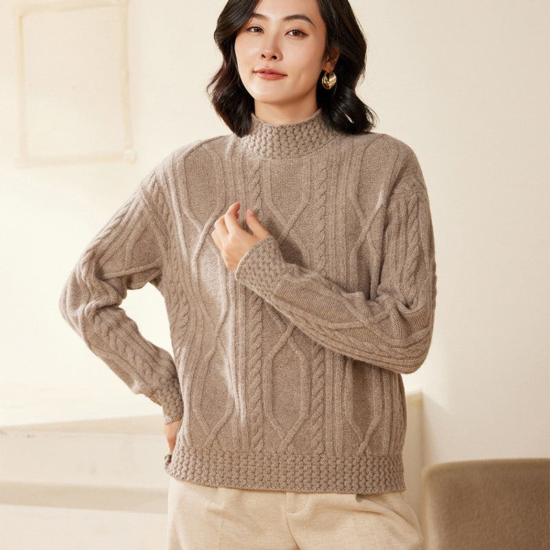 Women's cable knit mock neck sweater with short boxy silhouette Mune Fashion