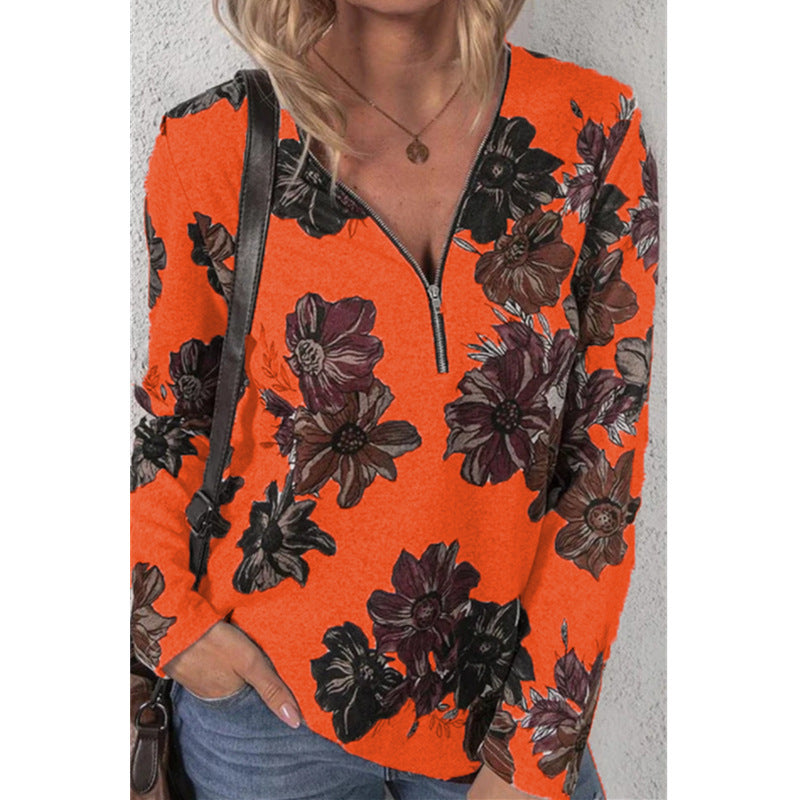 Women's Loose V-Neck Long Sleeve Shirt with Short Zip and Floral Allover Print Mune Fashion