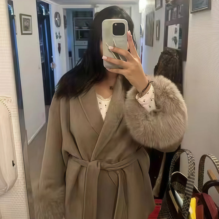 Women's fitted coat with belt tie, shawl collar and voluminous faux fur cuffs Mune Fashion