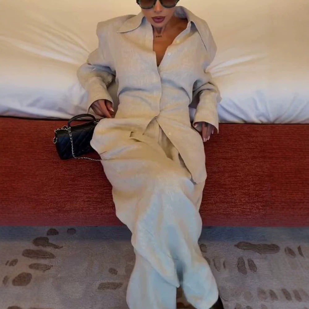 Women's Loose Linen Two-Piece with Boxy Shirt Blazer and Wide Palazzo Pants Mune Fashion