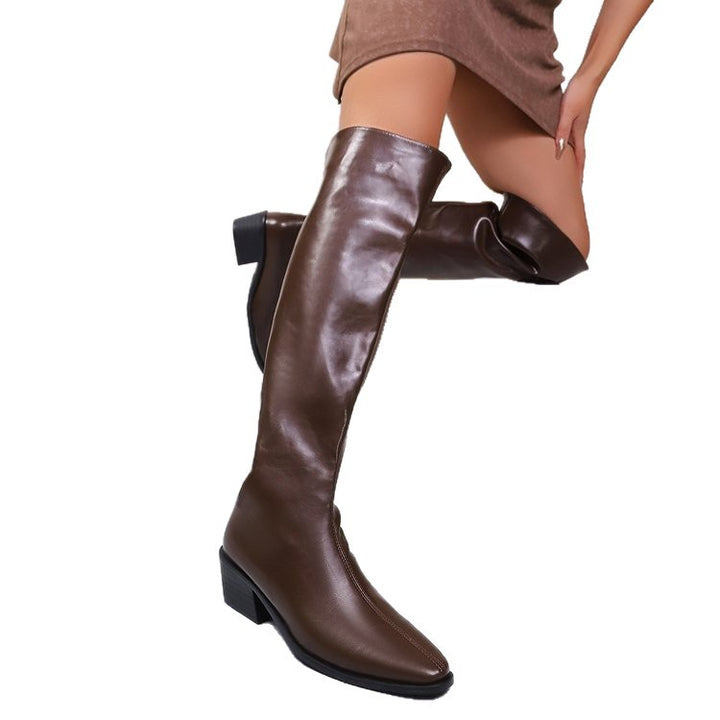 Women's knee-high boots with pointed toe and mid-high block heel Mune Fashion