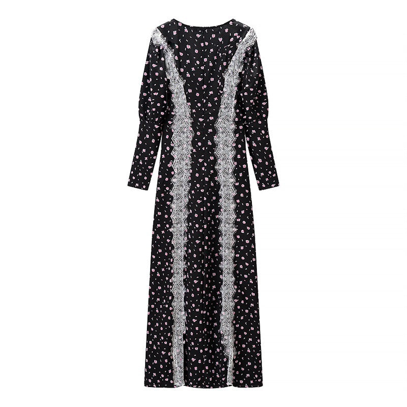 Women's Long Sleeve Maxi Dress with Lace Trimmings, Deep V-Neck and Floral All-Over Print Mune Fashion