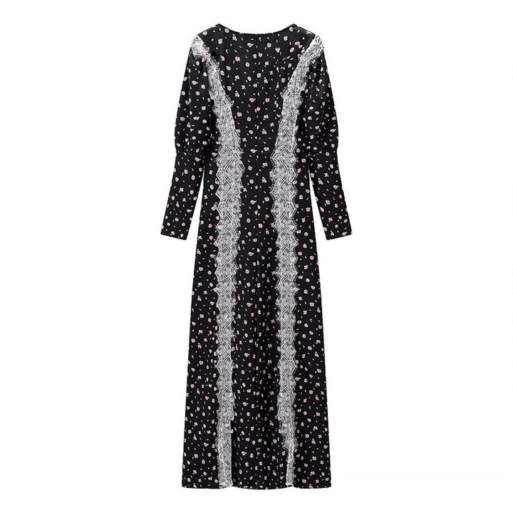 Women's Long Sleeve Maxi Dress with Lace Trimmings, Deep V-Neck and Floral All-Over Print Mune Fashion