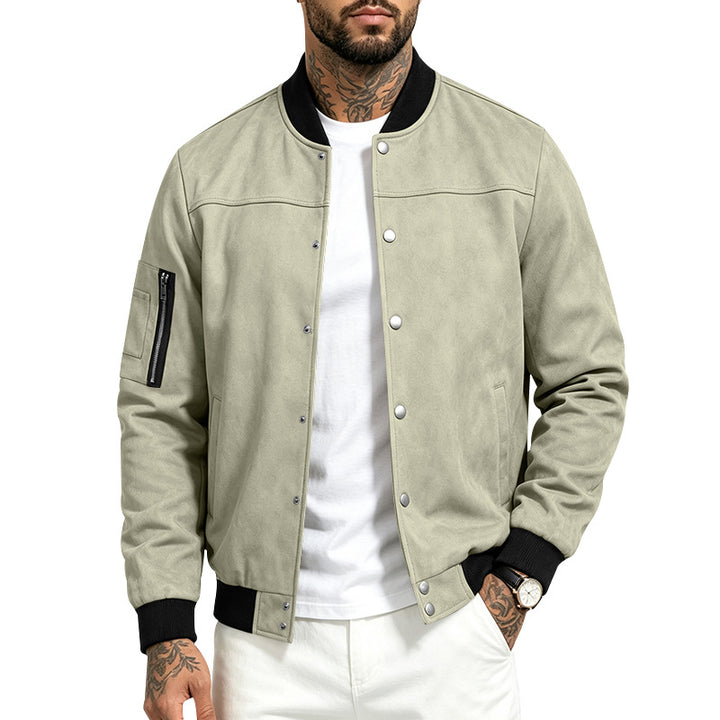 Men's Suede-Look Bomber Jacket with Snap Button Placket, Arm Pocket and Ribbed Cuffs Mune Fashion