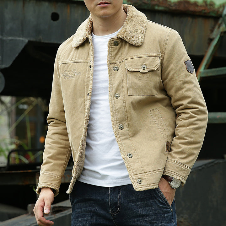 Men's Canvas Field Jacket with Continuous Sherpa Lining and Shirt Collar Mune Fashion