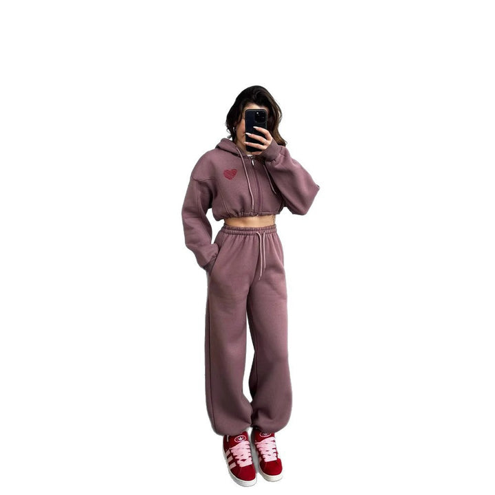 Ladies Cropped Hooded Zip Set with Heart Embroidery and Wide High-Waist Jogging Pants Mune Fashion