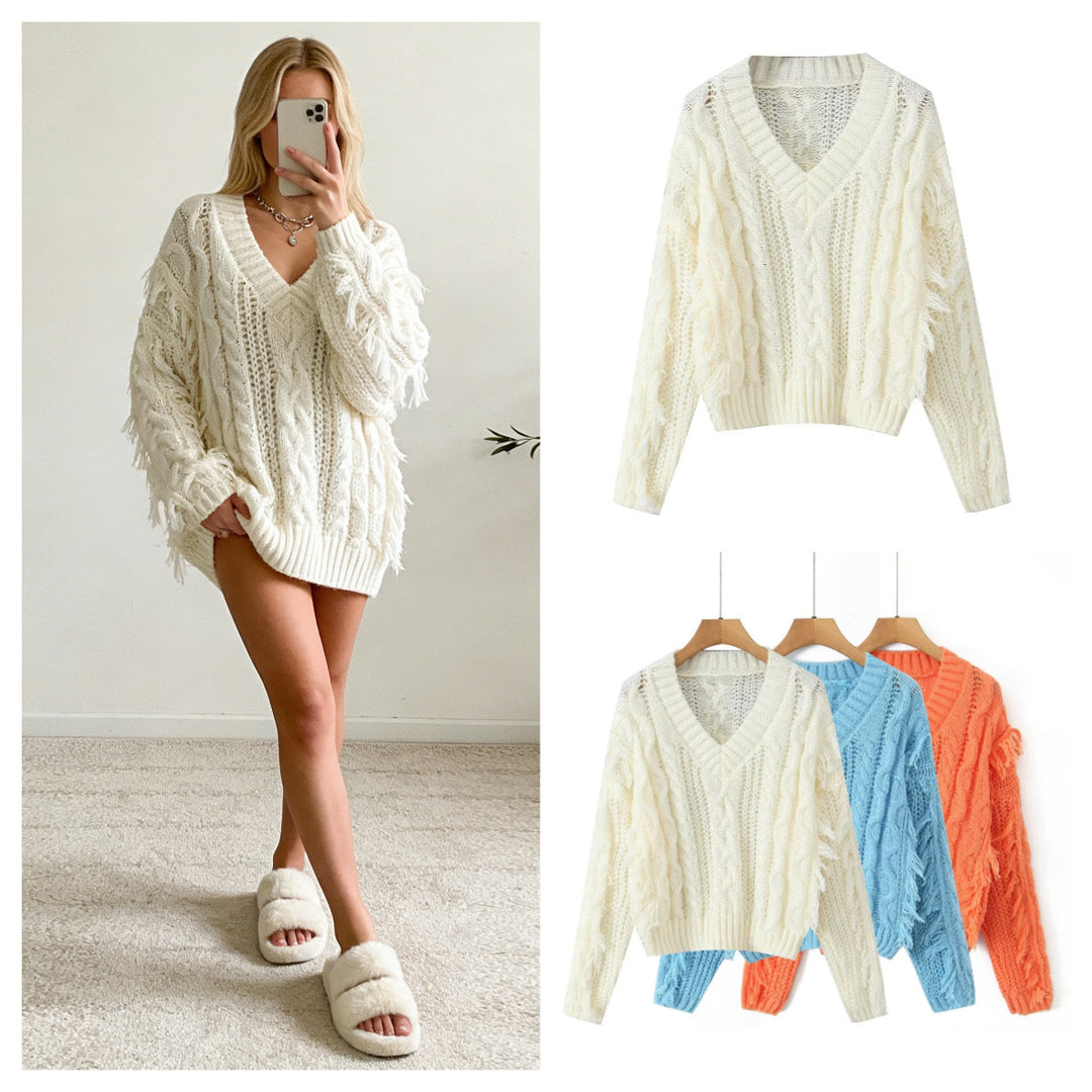 Women's Chunky Knit V-Neck Sweater with Cable Pattern and Fringes Mune Fashion