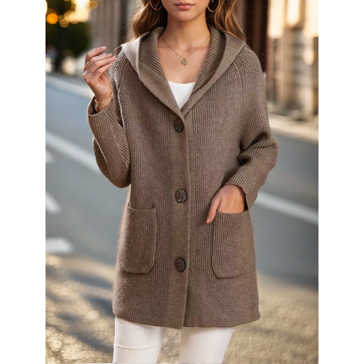 Women's long ribbed hooded cardigan with patch pockets and distinctive buttons Mune Fashion