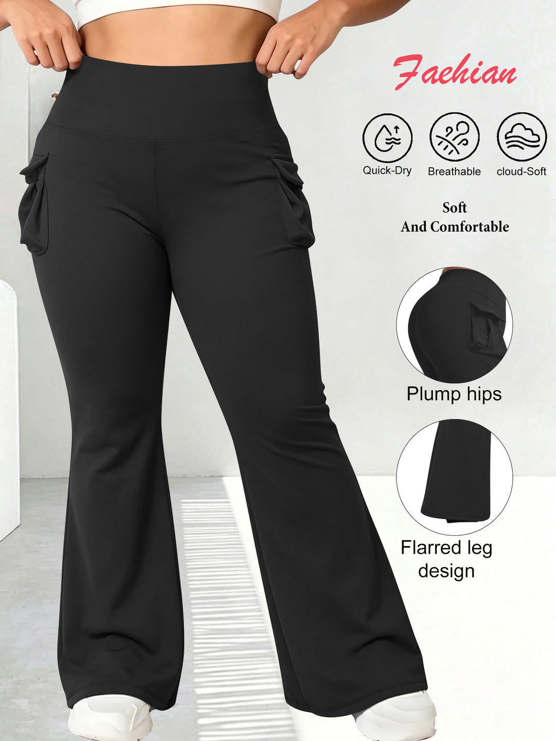 Women High-Waist Flared-Leggings with side ruffles and mobile pockets Mune Fashion
