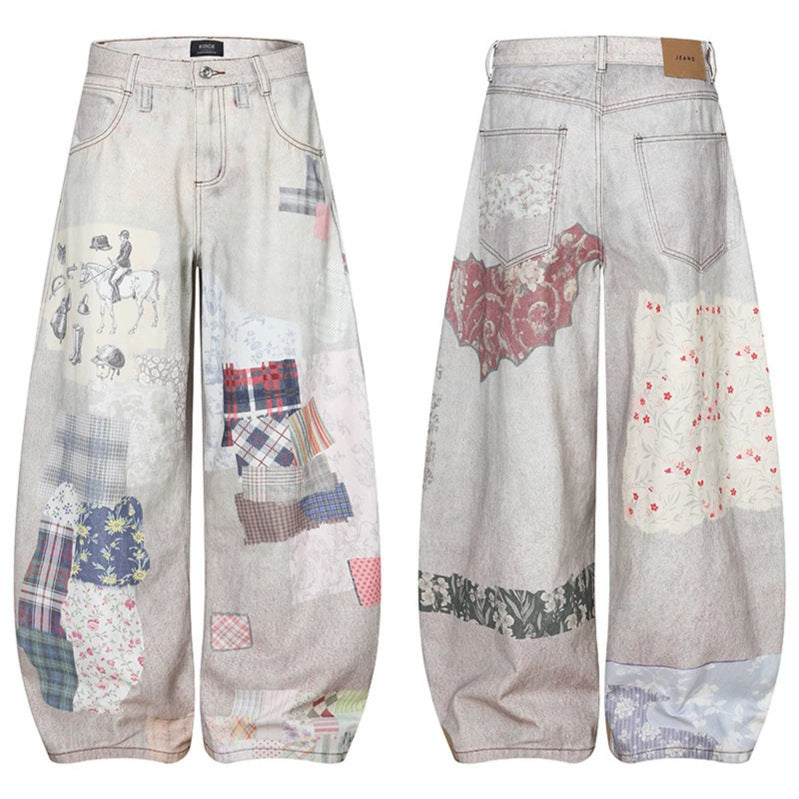Women's Wide High-Waist Culotte Jeans with Patchwork Print and Balloon Silhouette Mune Fashion