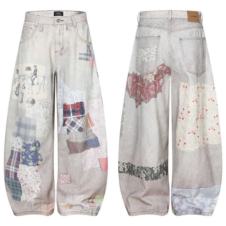Women's Wide High-Waist Culotte Jeans with Patchwork Print and Balloon Silhouette Mune Fashion