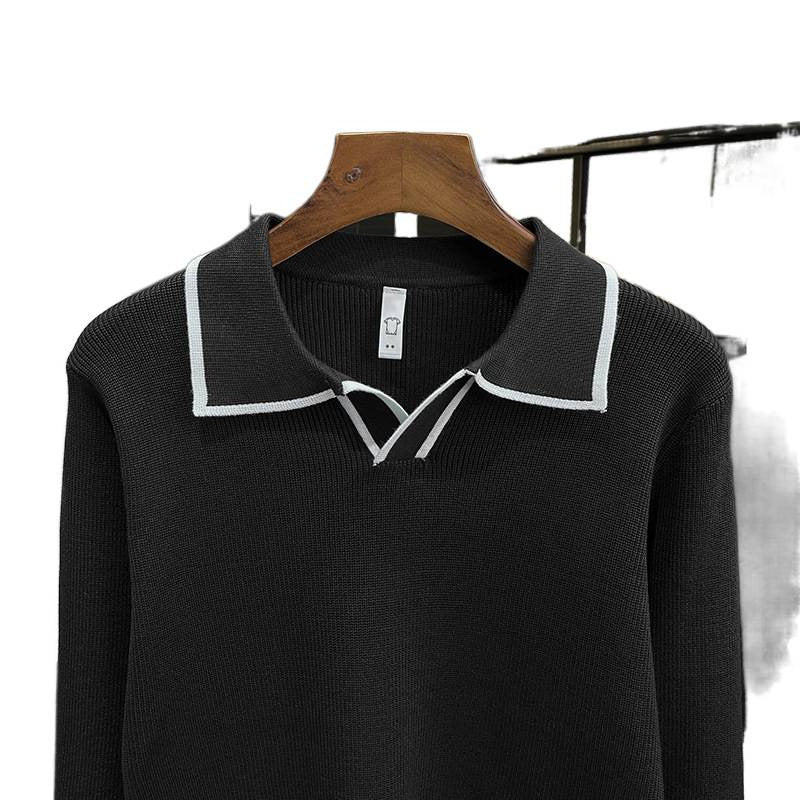Men's Fine Knit Polo Sweater with Contrast Piping and Shirt Collar Mune Fashion