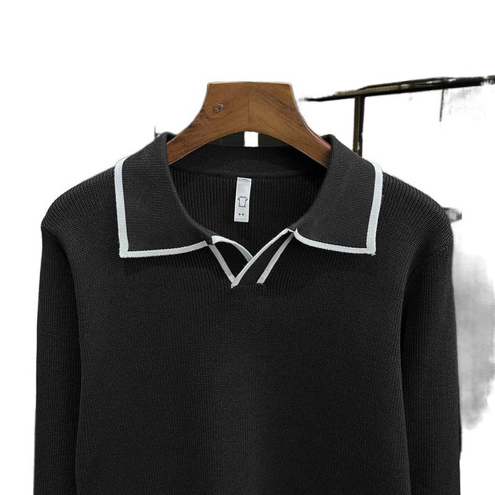 Men's Fine Knit Polo Sweater with Contrast Piping and Shirt Collar Mune Fashion