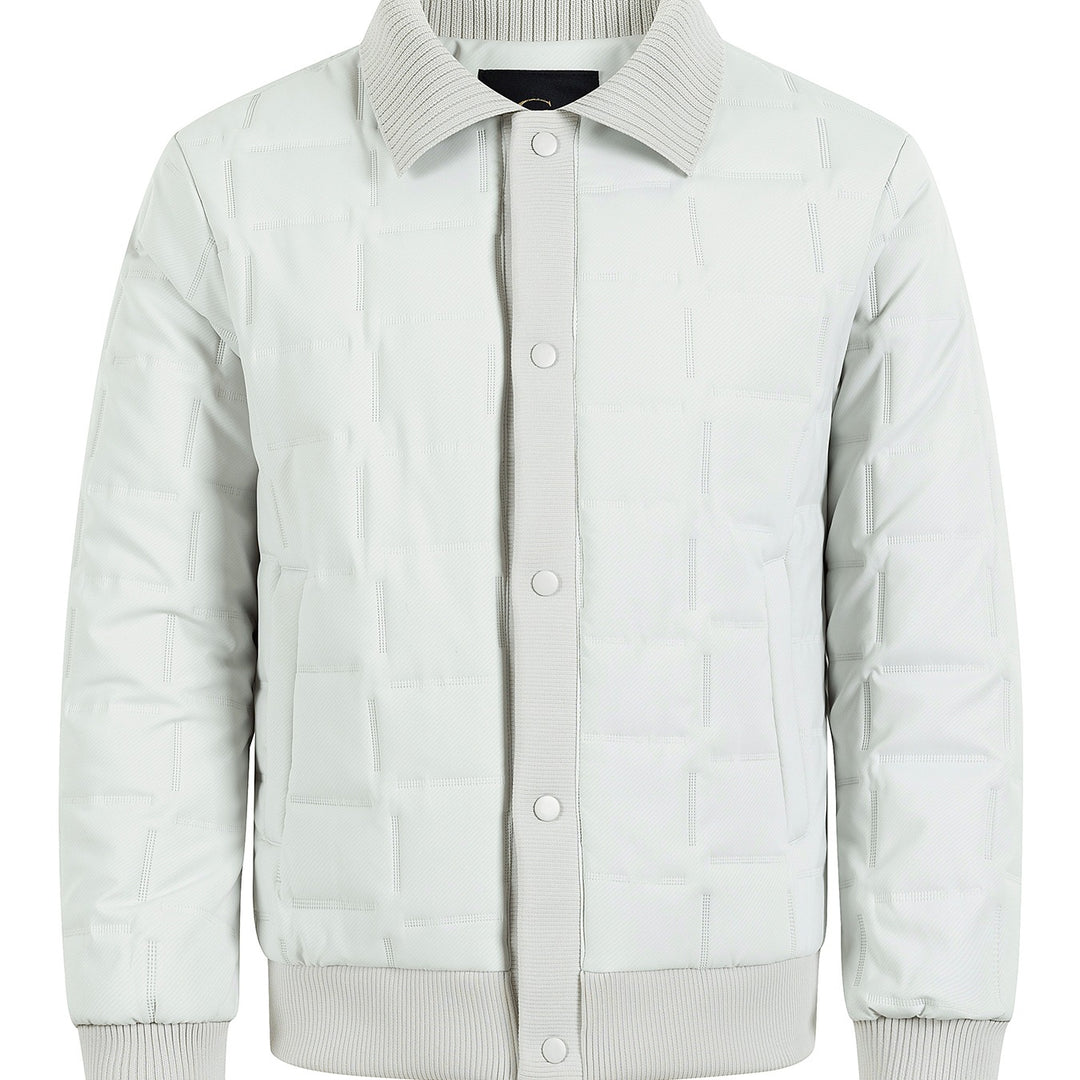 Men's short-cut quilted bomber jacket with ribbed collar, snap button placket, and geometric quilt Mune Fashion