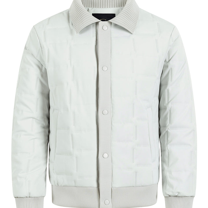 Men's short-cut quilted bomber jacket with ribbed collar, snap button placket, and geometric quilt Mune Fashion
