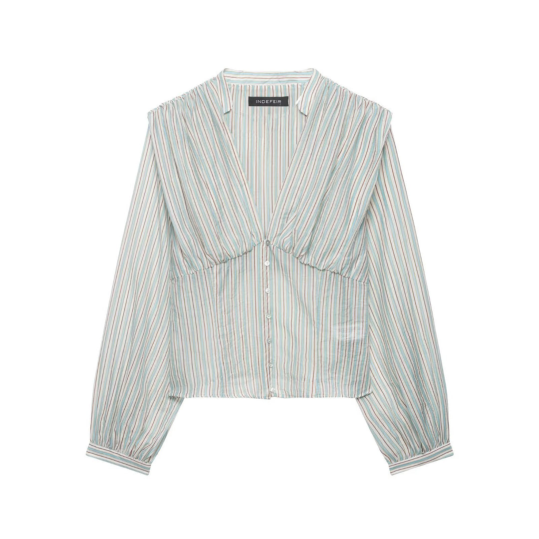 Women's Striped Cropped Blouse with Deep V-Neck and Gathered Underbust Seam Mune Fashion