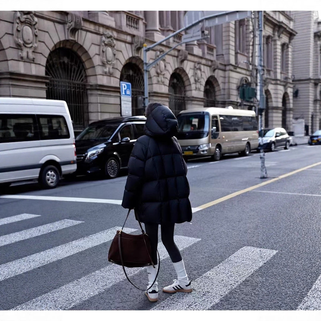 Women Long Padded Quilted Down Jacket with Hood and Oversized Cut Mune Fashion