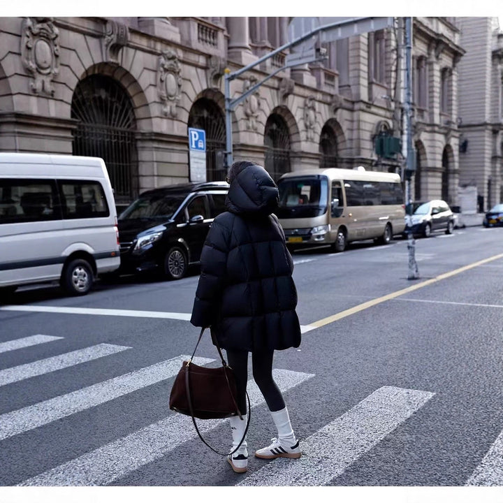 Women Long Padded Quilted Down Jacket with Hood and Oversized Cut Mune Fashion