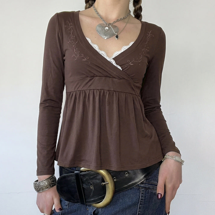 Women Nursing-Friendly Wrap Top with Lace Insert, Embroidery and Empire Waistline Mune Fashion
