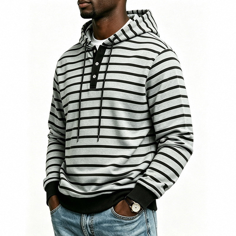 Men's hoodie with Henley button placket and fine stripe texture pattern Mune Fashion