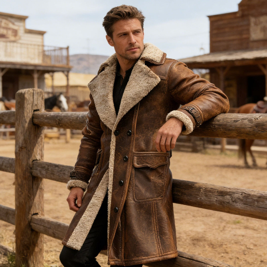Men's longer vintage biker leather coat with full Sherpa lining, flap pockets, and adjustable buckle cuffs Mune Fashion