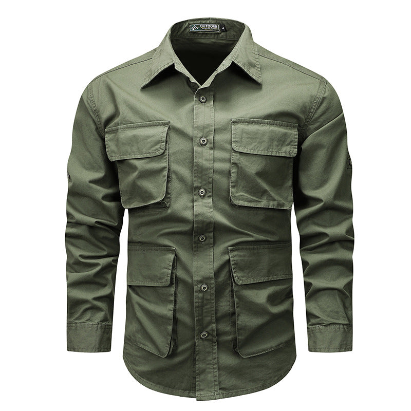 Men's urban field shirt with reinforced seams, concealed button placket, and multiple patch flap pockets.