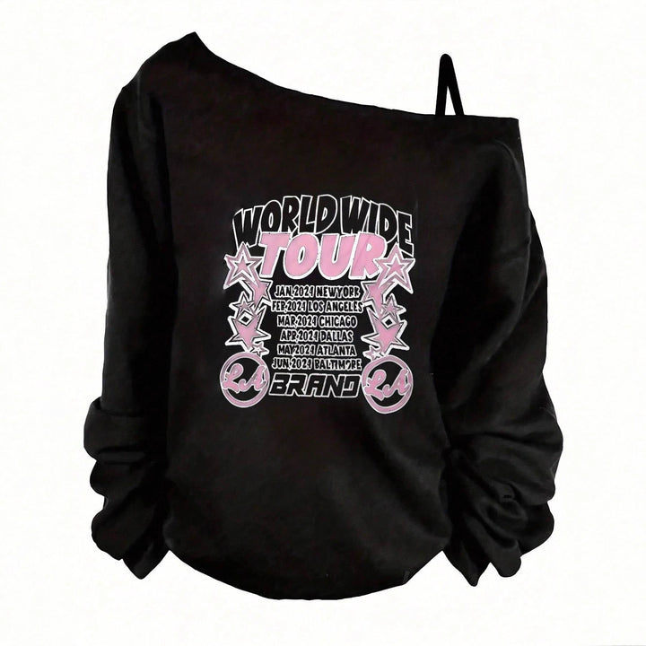 Women's nan asymmetrical off-shoulder sweatshirt with tour print and oversized fit Mune Fashion