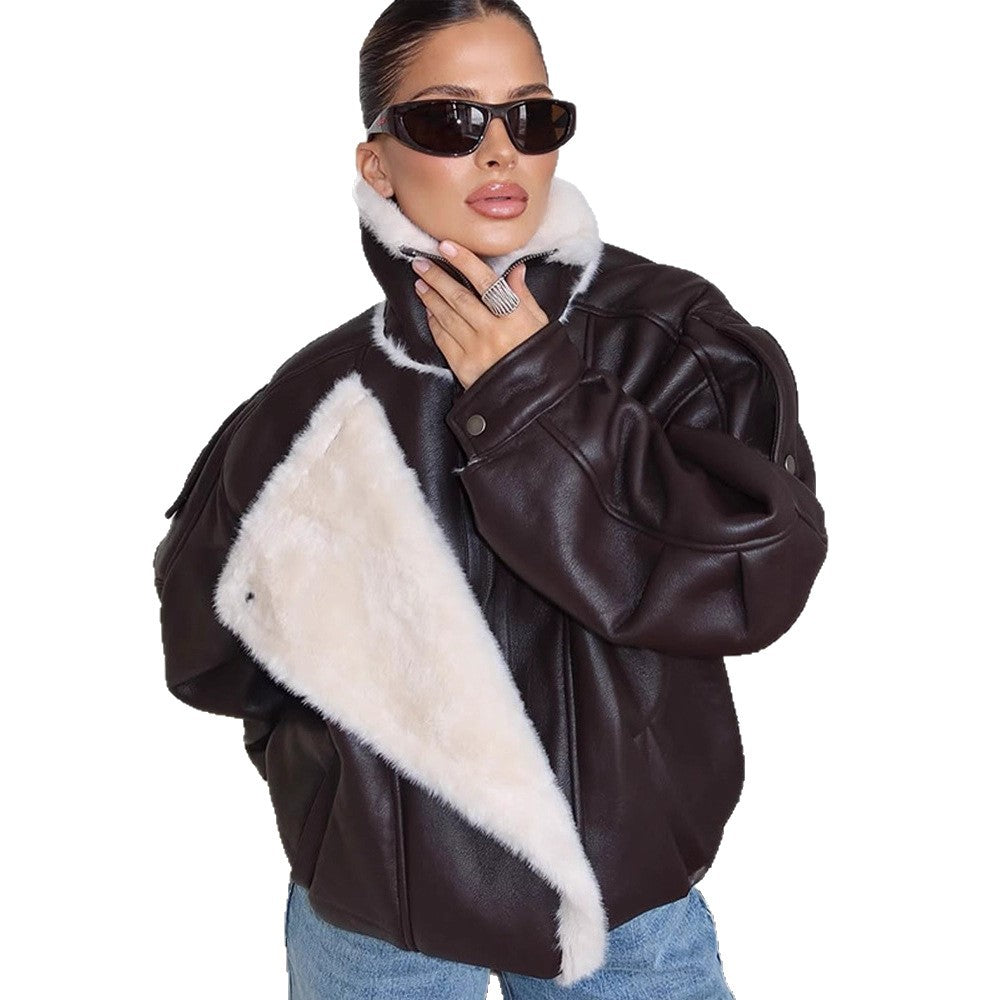 Women's Oversized Flight Jacket made of Faux Leather with Asymmetrical Faux Fur Trim Mune Fashion
