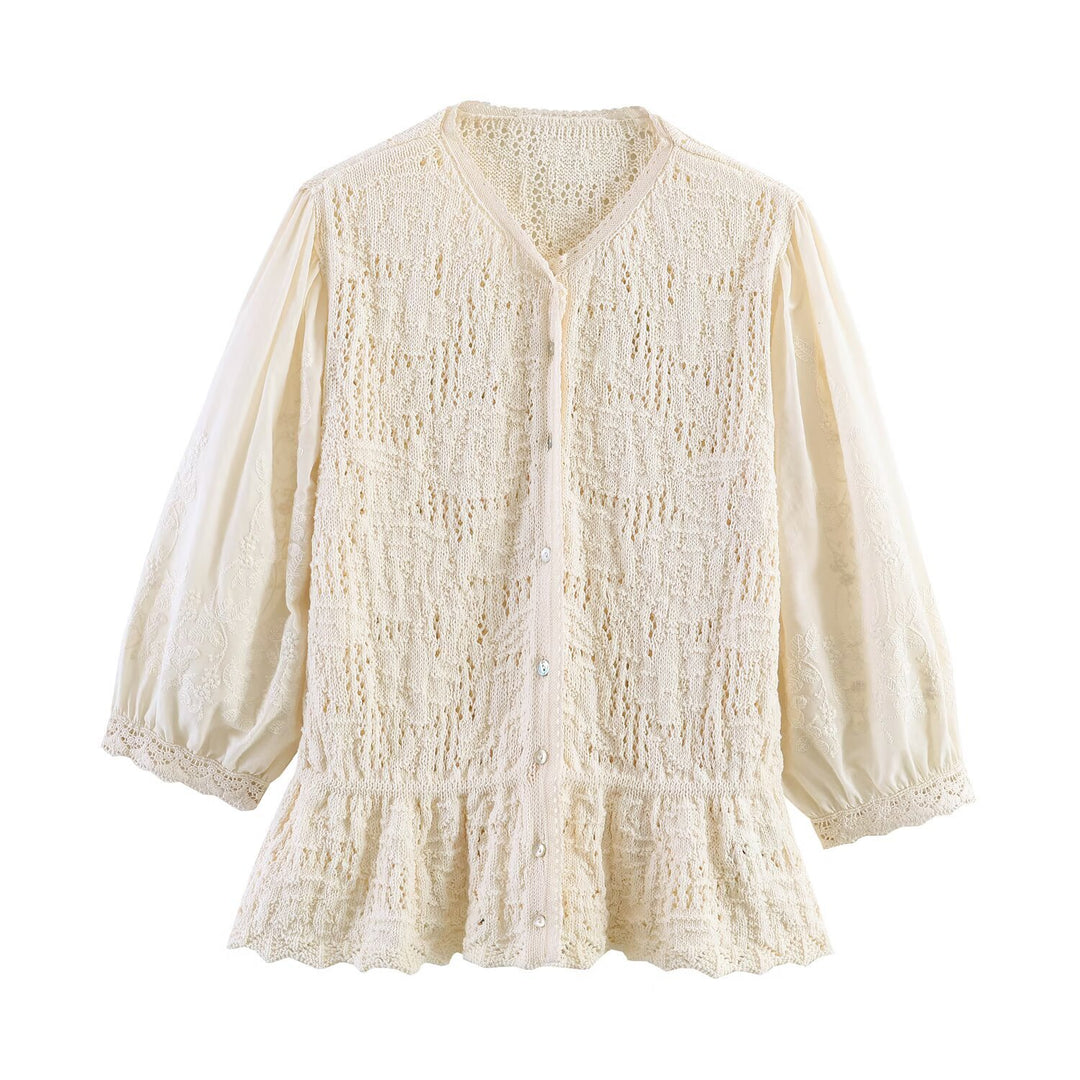 Women's Knitted Button Placket Blouse with Ruffled Waist and Embroidered Balloon Sleeves Mune Fashion