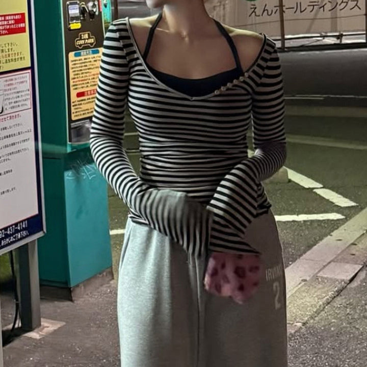 Women striped off-shoulder long sleeve shirt with diagonal decorative button placket and fitted silhouette Mune Fashion