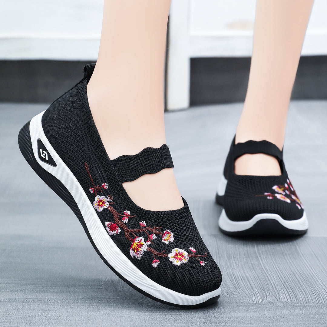 Women nan embroidered knitted slip-on sneakers with Mary Jane straps and shock-absorbing EVA sole Mune Fashion