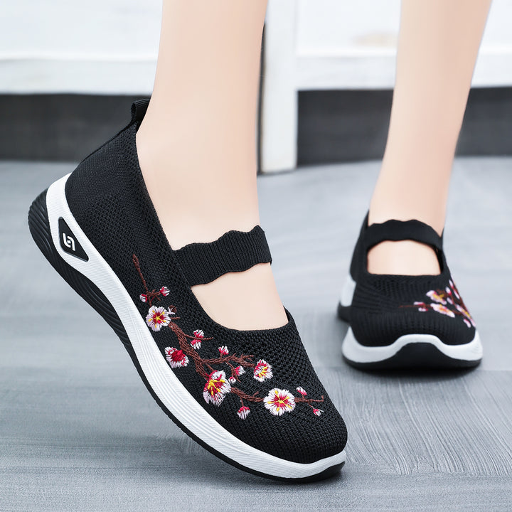 Women nan embroidered knitted slip-on sneakers with Mary Jane straps and shock-absorbing EVA sole Mune Fashion