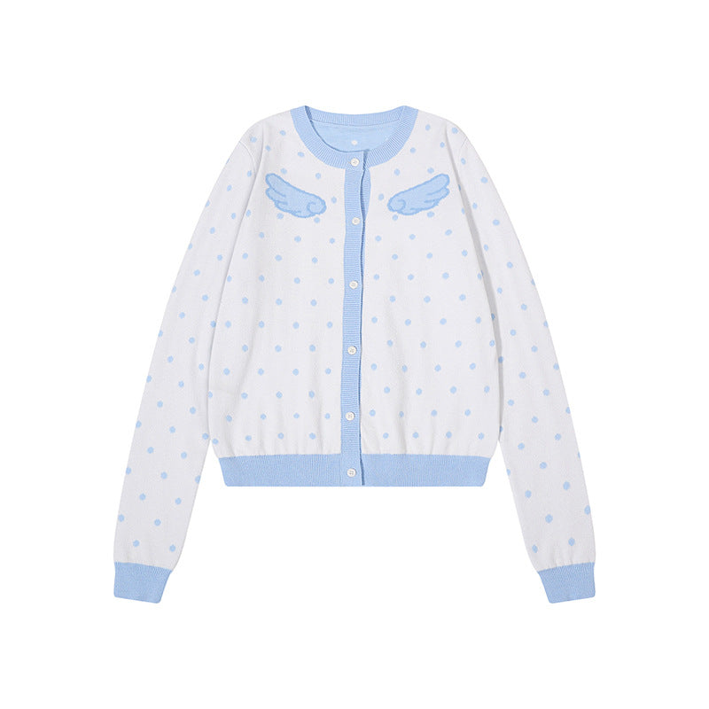 Women's Short Cropped Dotted Cardigan with Angel Wing Motif and Ribbed Cuffs Mune Fashion