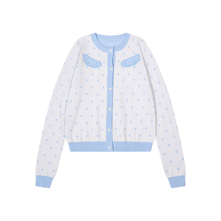 Women's Short Cropped Dotted Cardigan with Angel Wing Motif and Ribbed Cuffs Mune Fashion