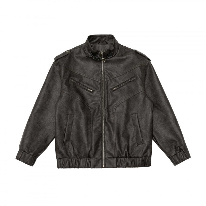 Men's Boxy Faux Leather Blouson with Stand Collar, Shoulder Epaulettes and Elastic Hem Mune Fashion