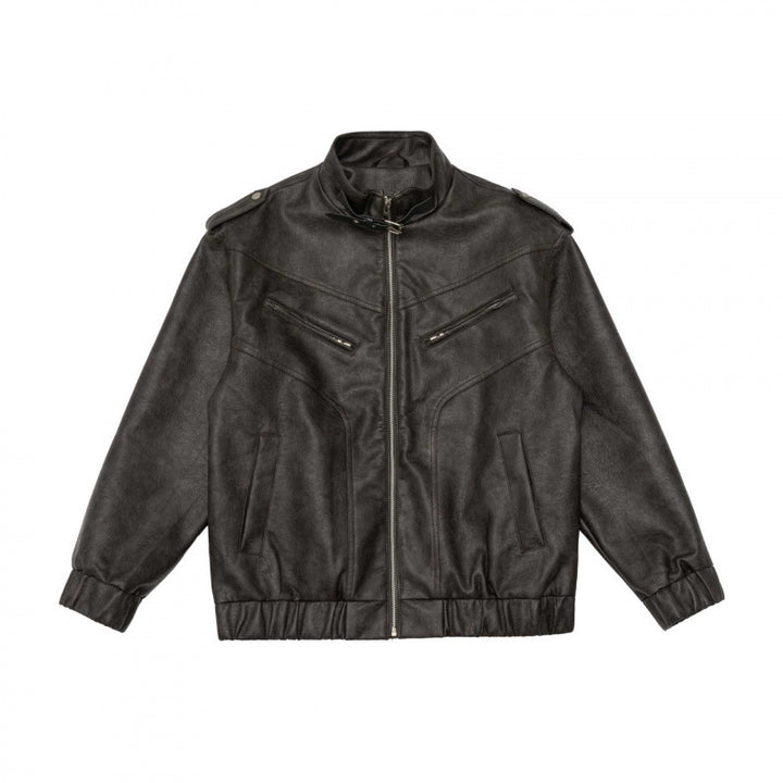 Men's Boxy Faux Leather Blouson with Stand Collar, Shoulder Epaulettes and Elastic Hem Mune Fashion