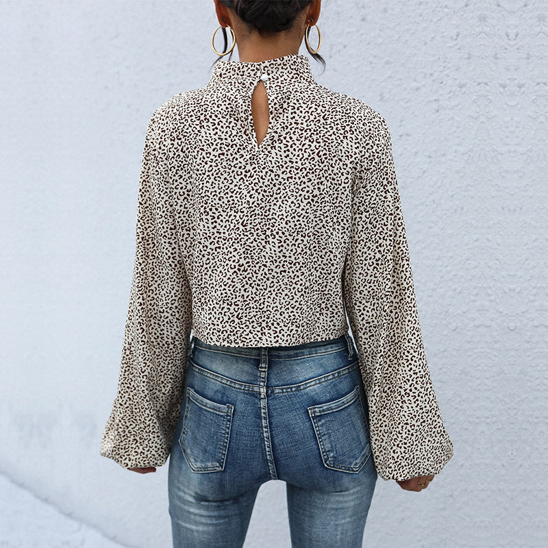 Women's Short Cut Twist Blouse with Stand Collar, Knot Front and Allover Animal Print Mune Fashion