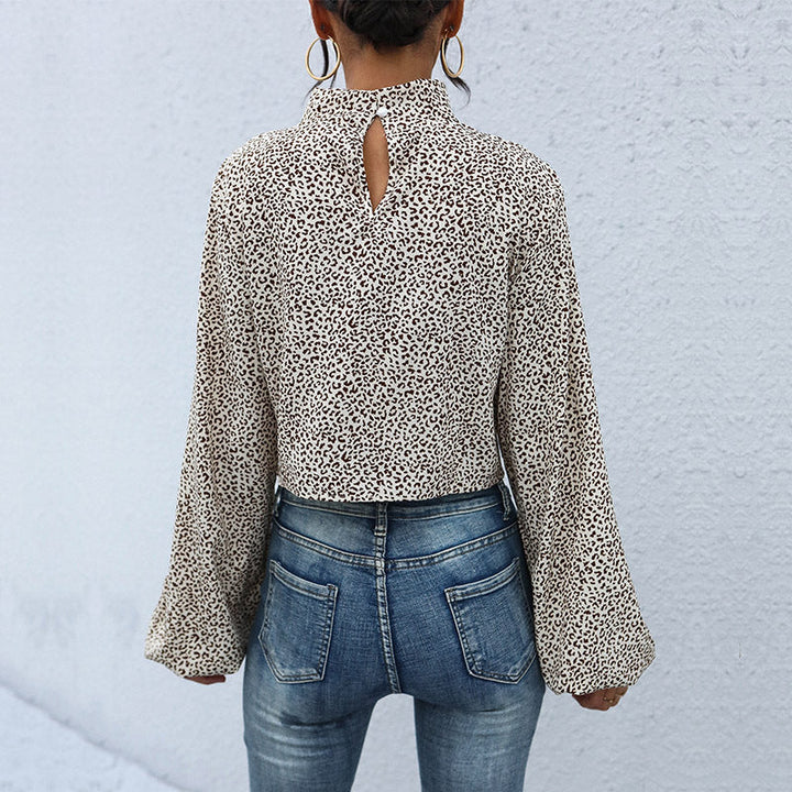 Women's Short Cut Twist Blouse with Stand Collar, Knot Front and Allover Animal Print Mune Fashion