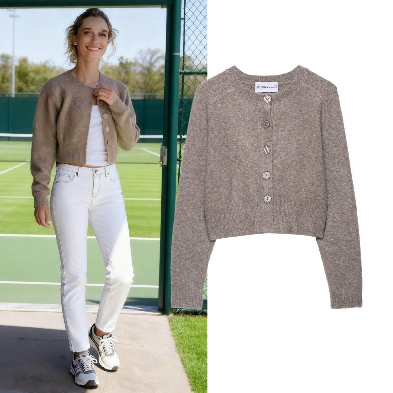 Ladies Cropped Raglan Cardigan with Pearl Buttons and Wide Ribbed Hem Mune Fashion