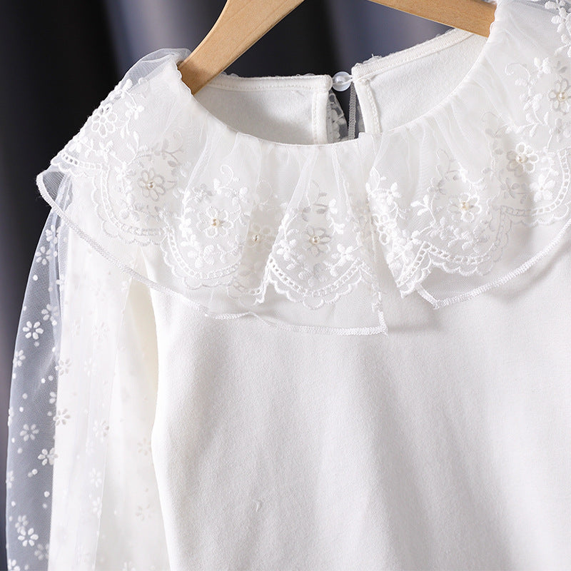 Girls blouse with floral tulle collar and elegant puff sleeves Mune Fashion