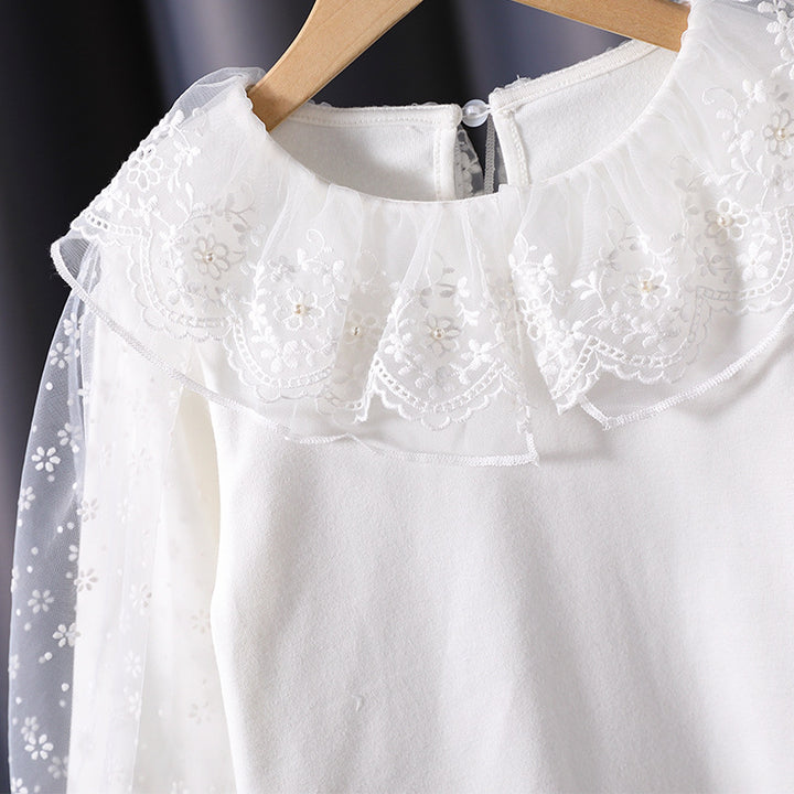 Girls blouse with floral tulle collar and elegant puff sleeves Mune Fashion