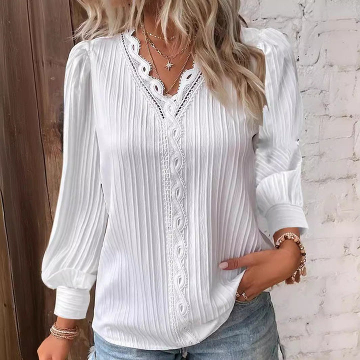 Women Pleated V-Neck Blouse with Lace Trim and Balloon Sleeves Mune Fashion